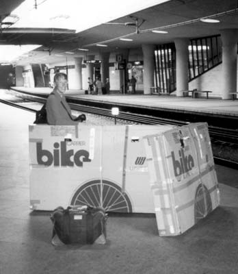 Ann, with our boxed bikes, waiting for the train to Sweden. Photos: Abeles