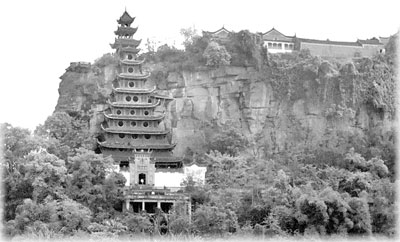 The 12-story, wooden Shibaozhai Pagoda clings to the rocky cliff along the Yangtze River.