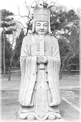 A larger-than-life statue of a court noble is one of several statues that line the Sacred Way leading up to the Ming Tombs.