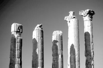 Shadows cast on five Corinthian columns at sunset in Diocaesarea (Uzuncaburç), Turkey. Photos: Kinney