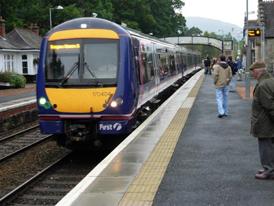 ScotRail train arriving in Pitlochry from Inverness.