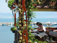 Waterfront café on the Black Sea in  Nessebar, Bulgaria.