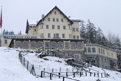 Our St. Moritz accommodations, Hotel Waldhaus am See, as the snow fell. Photo: Stephen Addison
