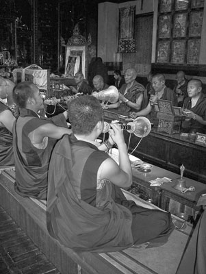 Buddhist monks in musical celebration at Bodhnath.