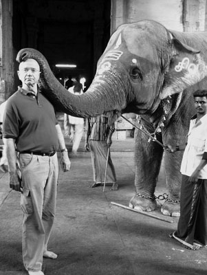 Frank Spring endures an elephant’s warm and slimy blessing at Bridhadeshwara Temple, Thanjavur. 