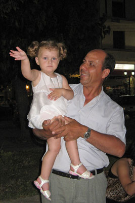 An example of the friendly welcome we enjoyed in Greece — Isabella and her daddy welcomed us to the main square in Kalambaka.