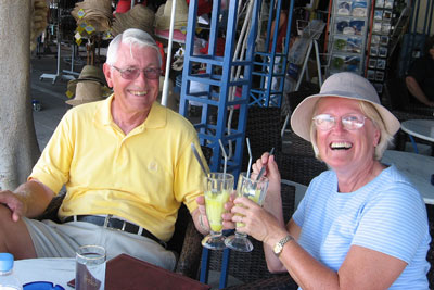Ray and Wanda Bahde enjoy their final lemon sorbets in Poros.