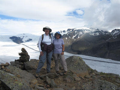 Leslie Romer and Doris Lodwig on a hike beside the Skaftafellsjökull (glacier) in Skaftafell National Park.