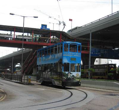 One of the ubiquitous double-decker trams.