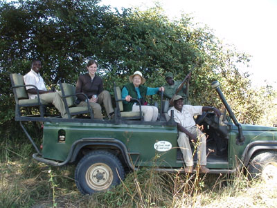 Kea and Eve, accompanied by an armed guard, a guide and a helper, in our Land Rover.