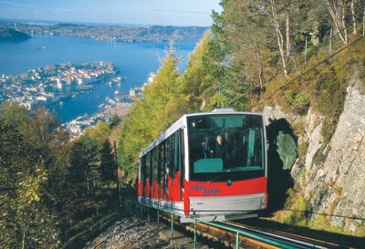 Visitors ride the all-new Fløihanen high above Bergen for the panorama of seaport, fjord, mountains and sea.