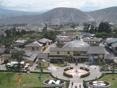 View from atop the Equatorial Monument at Mitad del Mundo from which the hemispheric directional markers can be seen.