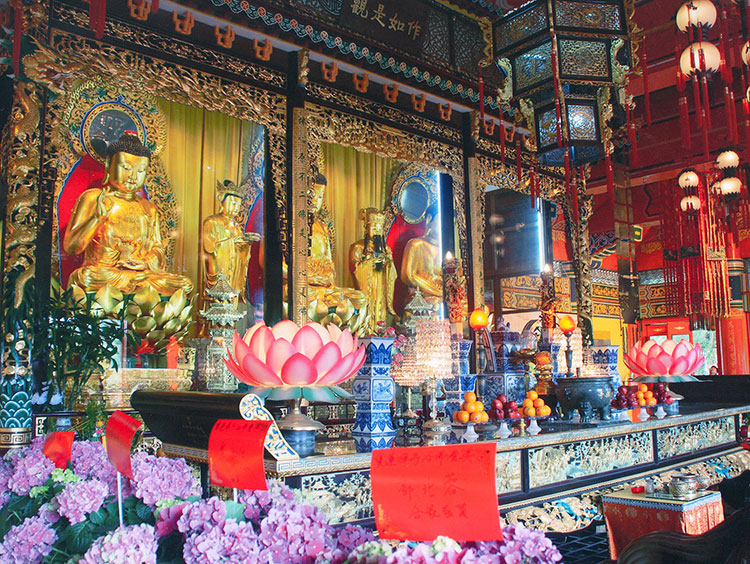 The Buddhist altar in Po Lin Monastery, located on Lantau Island, Hong Kong