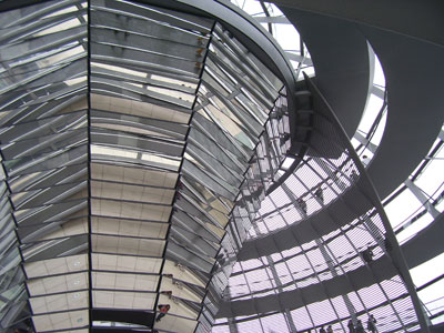 The mirrored cone inside the dome of the Reichstag in Berlin. Visitors can walk up two sloped circular ramps to the top for a great view.