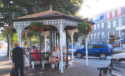 A decorative covered bus stop in Guernsey.