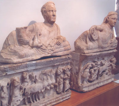 Etruscan sarcophagi in the on-site museum of Fiesole’s Archaeological Park.