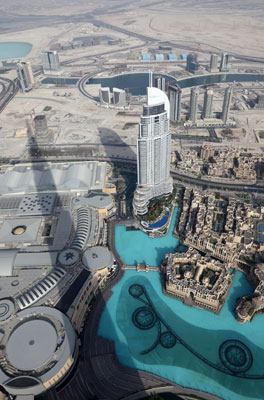 View of a man-made lake and the hotel The Address Downtown Dubai from Burj Khalifa in Dubai, UAE. Photo: Philip Lange/123RF.com