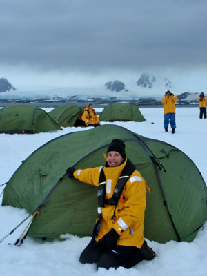 Nancy Tardy relaxes after helping set up camp in Antarctica.