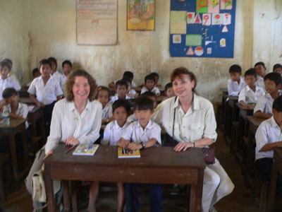 Emmy Allgood (left) and Yarka Cleary at a school in Siem Reap, Cambodia. “We didn’t want to linger and disrupt the class too much,” Emmy wrote.