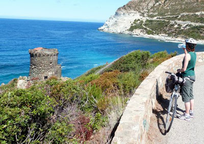 Pausing for water and taking in the view of one of the many Genoese towers along the Cape.
