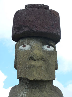 A moai near Hanga Roa with its eyes and top- knot restored. Photos: Anshin