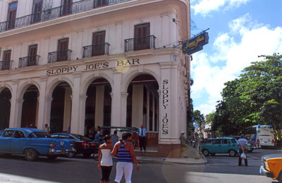 An old Chevy sits in front of Sloppy Joe’s in Havana.