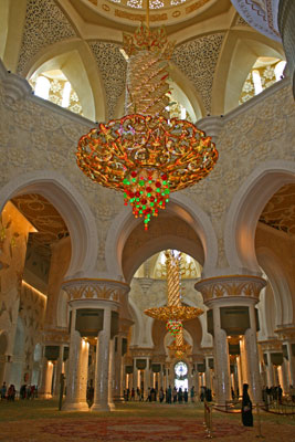 The opulent interior of Abu Dhabi’s Sheikh Zayed bin Sultan al-Nahyan Mosque.