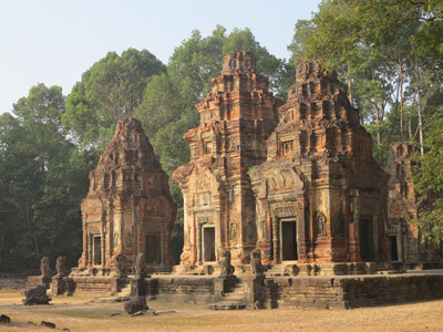 The three structures that make up Preah Ko Temple, part of the Roluos Group, 13 kilometers east of Siem Reap, Cambodia. This temple is much older than Angkor Wat. Photos by George Stoll