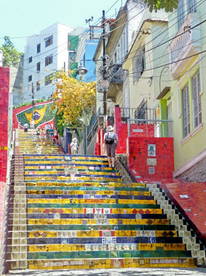 The Escadaria Selarón steps, in Rio de Janeiro, feature tiles from around the world. 
