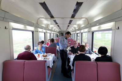 Some of Europe’s trains offer dining cars with wait service and decent food options.