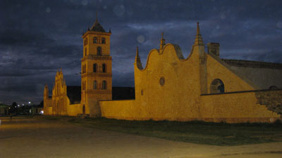 The mission of San José de Chiquitos, illuminated at night.