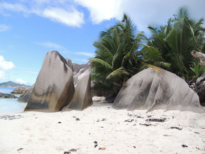Framed by massive granite rocks, the island of La Digue, Seychelles, is trapped in timeless natural beauty.
