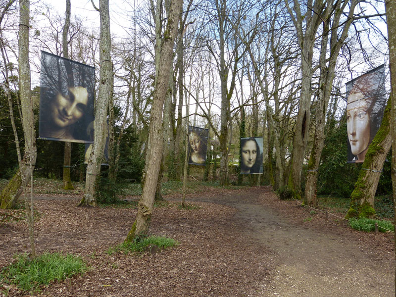 Some 40 translucent canvases, taken from works of Leonardo da Vinci, suspended in trees near Château du Clos Lucé — Amboise. Photos by Yvonne Michie Horn
