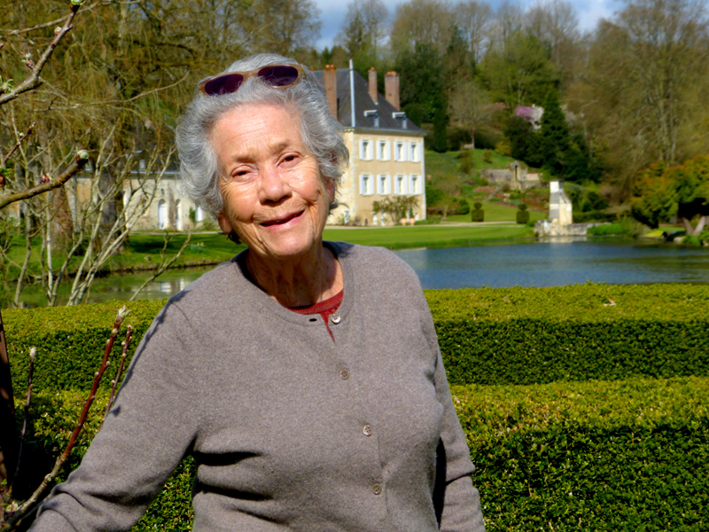 Madame Rosamée Henrion, with the pond and farmhouse in the background — Jardin du Plessis, Sasnières. Photos by Yvonne Michie Horn