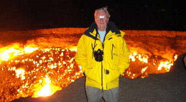 Nyckle Wijbrandus at a natural gas crater that has been burning since 1971 in Derweze, Turkmenistan.