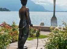 In Vevey, Switzerland, Charlie Chaplin’s statue is a stone’s throw from a 26-foot-tall fork installed in Lake Geneva by the Alimentarium, a food-themed museum. Photo: ©irisphoto18/123rf.com