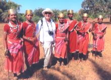 Claudia Kelly with village dancers near Jagdalpur, Chhattisgarh, central-eastern India.