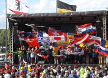 Flags flying on the stage during the opening ceremony of the 15th IVV Olympiad, in Koblenz, Germany. Photos by Rod Smith