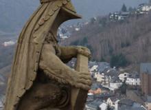 This statue at Reichsburg Castle in Cochem, Germany, overlooks the Mosel River.