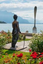 In Vevey, Switzerland, Charlie Chaplin’s statue is a stone’s throw from a 26-foot-tall fork installed in Lake Geneva by the Alimentarium, a food-themed museum. Photo: ©irisphoto18/123rf.com