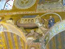 Mosaic of Noah releasing the animals from the ark after the flood — Palatine Chapel, Palermo, Sicily. Photos by Julie Skurdenis