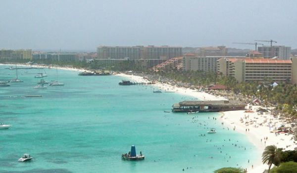 An aerial view of Aruba's busy Palm Beach.