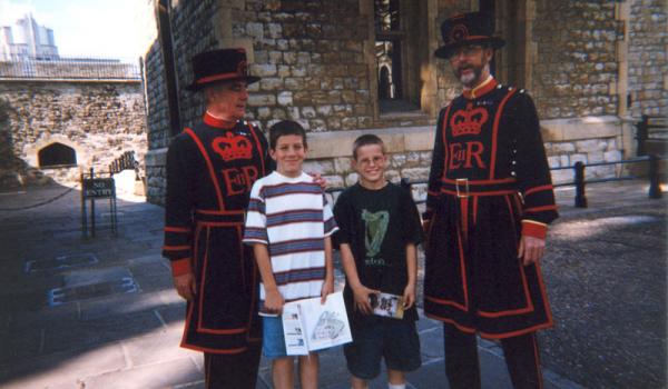 Matt and Zach Winston trying not to lose their heads at the Tower of London.