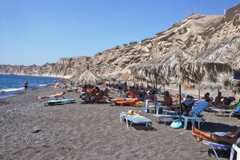 Beaches like Vlychada, on Santorini’s south coast, show off the island’s dramatic terrain formed by thousands of years of volcanic activity.