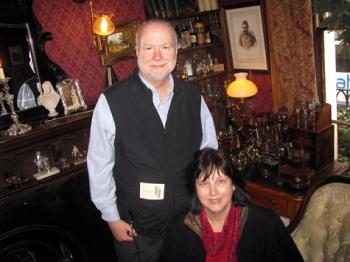  Stephen O. Addison, Jr., and his wife, Paula Owens, in Sherlock's study — Sherlock Holmes Museum, London.