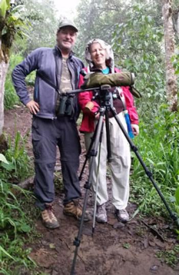 Edna R.S. Alvarez and guide Charlie Vogt birding in Refugio Paz de Las Aves, Ecuador.