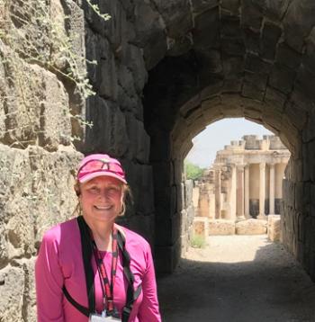 Marilyn Armel at the entrance to the amphitheater at Beit She’arim.