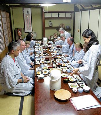 Our Walk Japan group having dinner at an inn. 