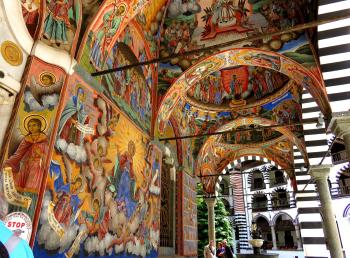 Brilliantly colored frescoes adorn the Church of the Nativity of the Virgin Mary at Rila Monastery.