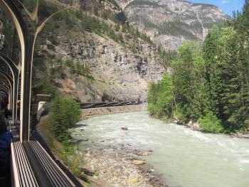 The Rocky Mountaineer rounds a bend en route to Banff.